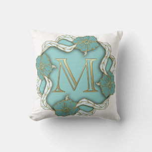 Mooie Golden Kijk Initiaal M Blue Floral Kussen