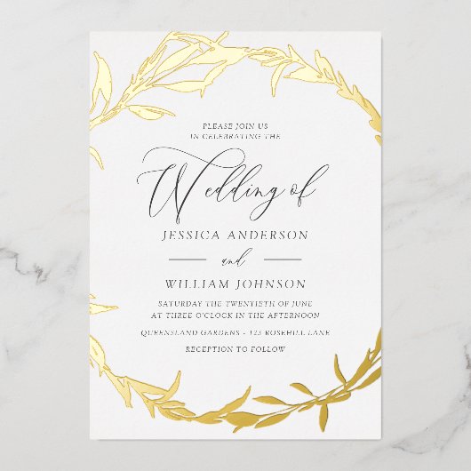 Mooie Golden Leaf Wreath Folie Wedding Uitnodiging (Voorkant)