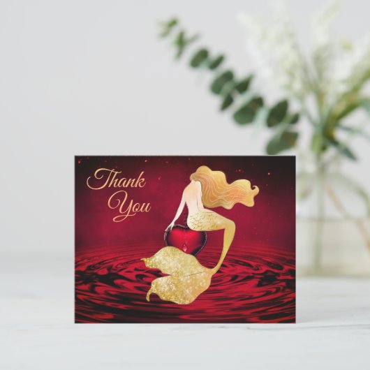 Mooie Golden Mermaid met rood hart Dank je wel Briefkaart (Staand voorkant)