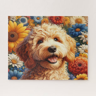 Mooie Goldendoodle-hond met bloemen Legpuzzel