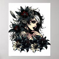 Mooie Gothic Meisje Zwart Lilly Flowers kunst