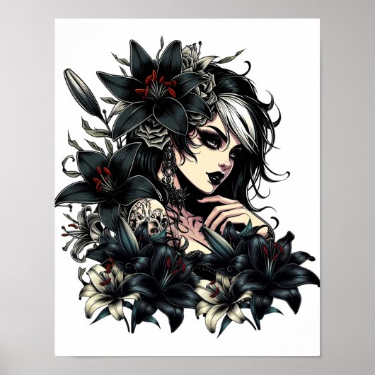 Mooie Gothic Meisje Zwart Lilly Flowers kunst Poster (Voorkant)