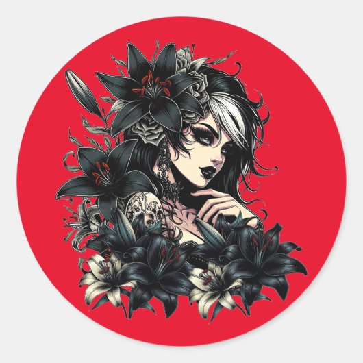 Mooie Gothic Meisje Zwart Lilly Flowers kunst Ronde Sticker (Voorkant)