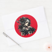 Mooie Gothic Meisje Zwart Lilly Flowers kunst Ronde Sticker (Envelop)