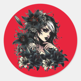 Mooie Gothic Meisje Zwart Lilly Flowers kunst Ronde Sticker