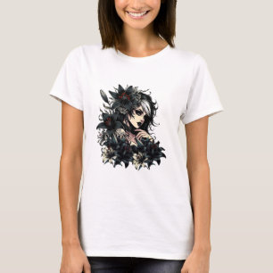 Mooie Gothic Meisje Zwart Lilly Flowers kunst T-shirt