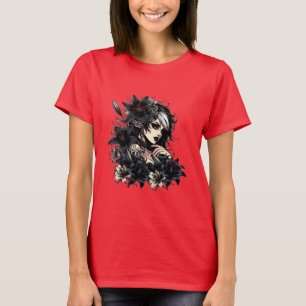 Mooie Gothic Meisje Zwart Lilly Flowers kunst T-shirt