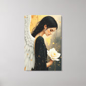 Mooie gotische engel en witte roos hemels canvas afdruk (Voorkant)