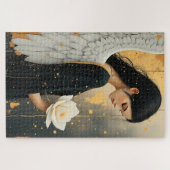 Mooie gotische engel en witte roos hemels legpuzzel (Horizontaal)
