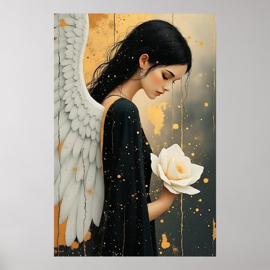 Mooie gotische engel en witte roos hemels poster (Voorkant)