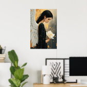 Mooie gotische engel en witte roos hemels poster (Thuiskantoor)