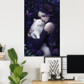 Mooie gotische vrouw en haar witte kat poster (Thuiskantoor)