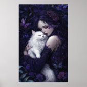Mooie gotische vrouw en haar witte kat poster (Voorkant)