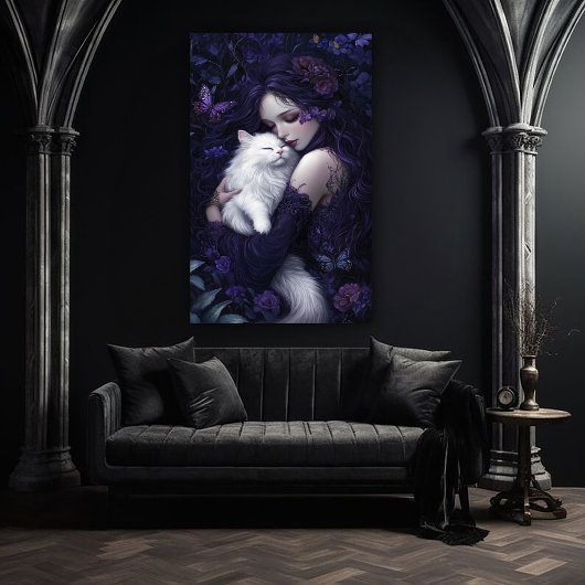 Mooie gotische vrouw en haar witte kat poster