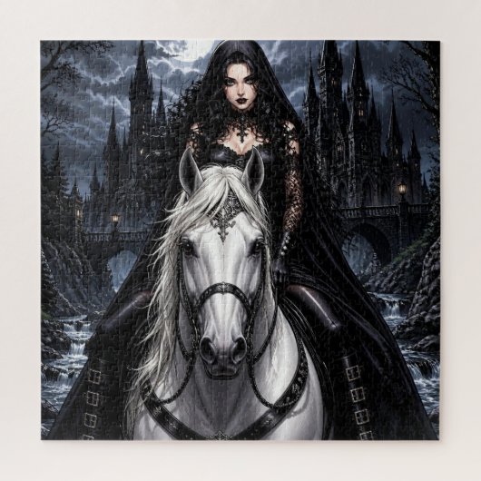 Mooie gotische vrouw op wit paard legpuzzel (Verticaal)