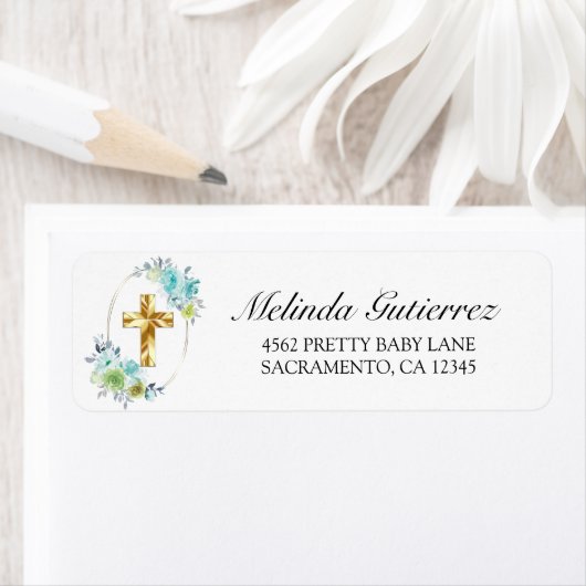 Mooie goudblauwe, Floral Baby Boy Baptisme Etiket (Insitu)