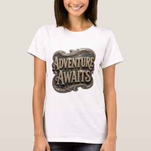 Mooie gouden AVONTUUR WACHTT KUNSTZINNIG MOTIEF T-shirt