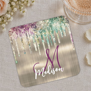 Mooie gouden eenhoorn Glitter Drips monogram Kartonnen Onderzetters