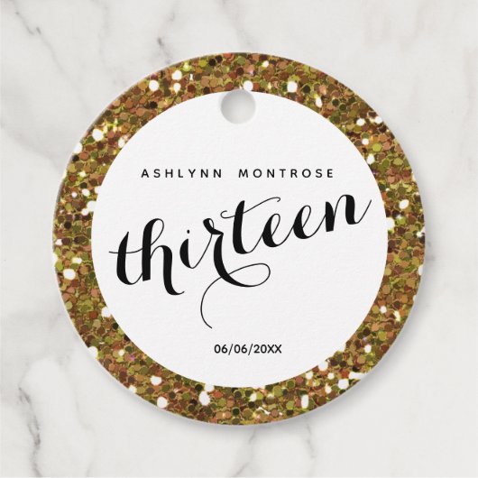 Mooie gouden glitter dertien verjaardag bedankjes labels (Voorkant)