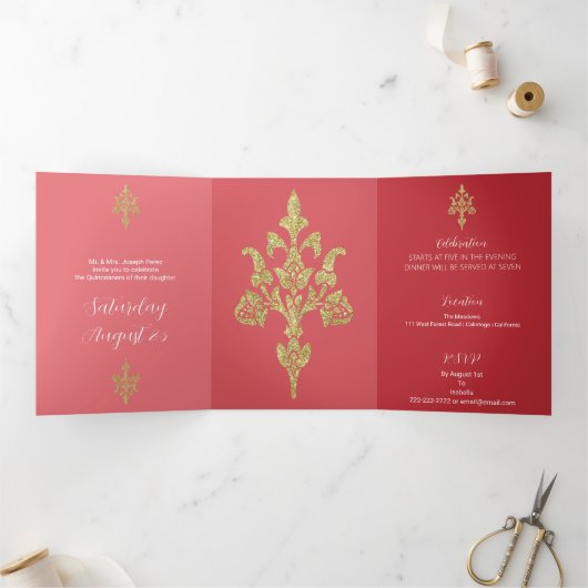 Mooie gouden glitter quinceanera drieluik uitnodiging (Binnen)