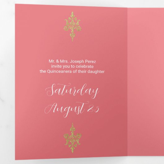Mooie gouden glitter quinceanera drieluik uitnodiging (Binnenzijde eerst)