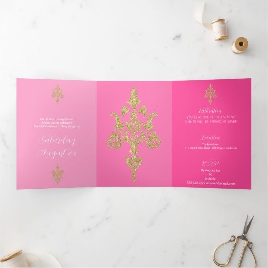 Mooie gouden glitter quinceanera drieluik uitnodiging (Binnen)