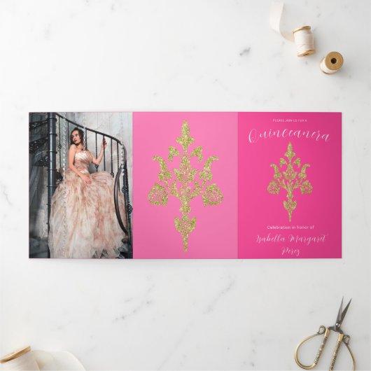 Mooie gouden glitter quinceanera drieluik uitnodiging (Buitenkant)