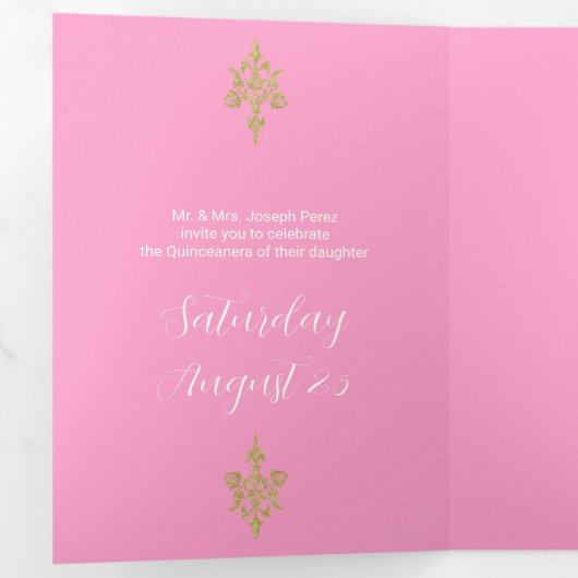 Mooie gouden glitter quinceanera drieluik uitnodiging (Binnenzijde eerst)