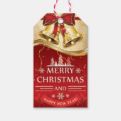 Mooie gouden kerstballetjes met rode boe cadeaulabel (Voorkant)