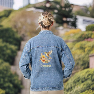 Mooie Gouden Kolibrie en Bloem met Naam Denim Jacket