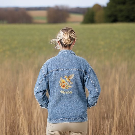 Mooie Gouden Kolibrie en Bloem met Naam Denim Jacket