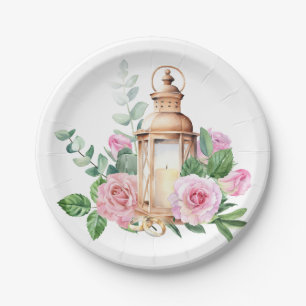 Mooie gouden lantaarn met roze rozen papieren bordje