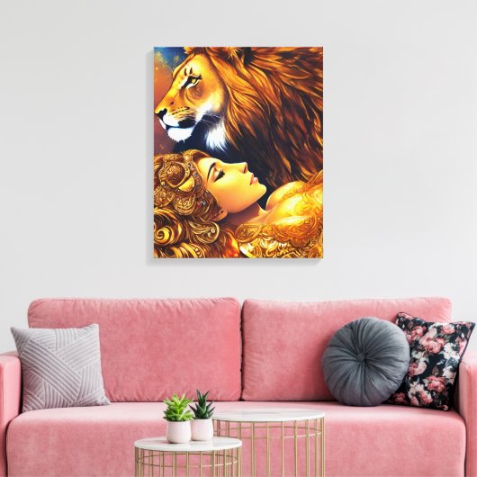 Mooie Gouden Leeuw en Vrouw Verpakt Canvas (Insitu (Woonkamer))