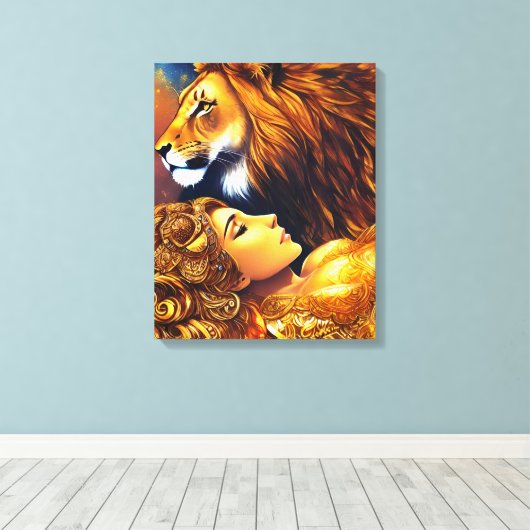 Mooie Gouden Leeuw en Vrouw Verpakt Canvas (Insitu (Houten vloer))