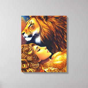 Mooie Gouden Leeuw en Vrouw Verpakt Canvas Afdruk