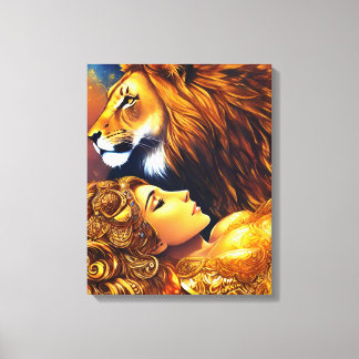 Mooie Gouden Leeuw en Vrouw Verpakt Canvas Afdruk
