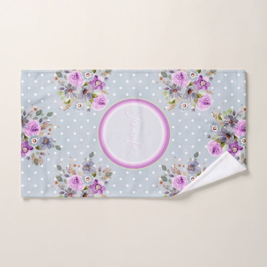 Mooie gouden paarse bloem op grijze polkadot bad handdoek (Handdoek)