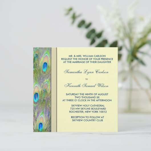 Mooie gouden pauw bruiloft kaart (Staand voorkant)