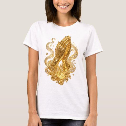 Mooie gouden PRAYING HANDS Slogan T-shirt (Voorkant)