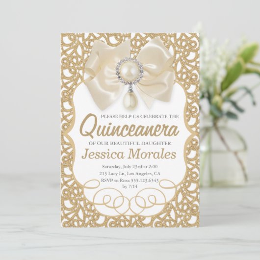Mooie gouden Quinceanera Uitnodiging (Staand voorkant)