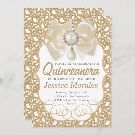 Mooie gouden Quinceanera Uitnodiging (Voorkant / Achterkant)
