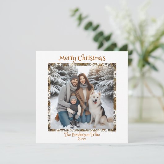 Mooie gouden sneeuwvlokken familiefoto Kerstmis Feestdagenkaart (Staand voorkant)