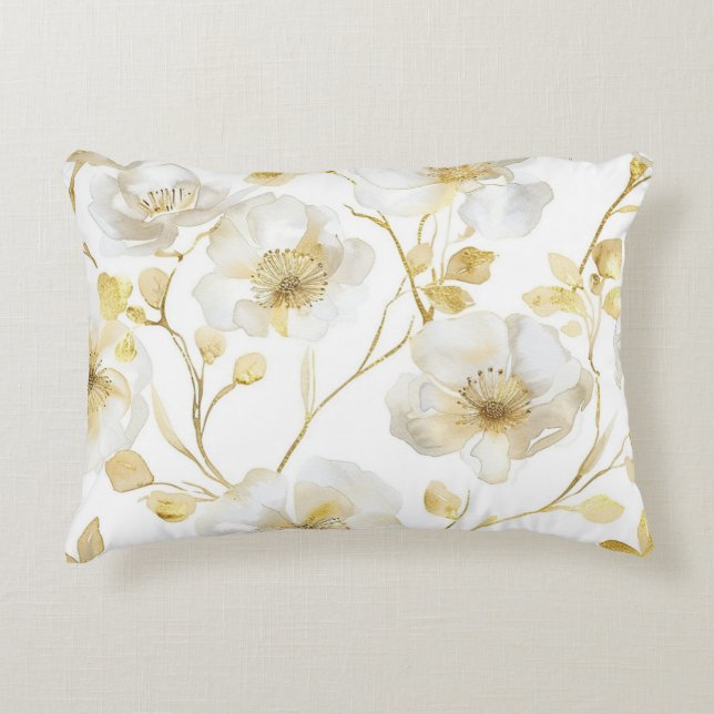 Mooie Gouden Witte Bloemen Accent Kussen (Voorkant)