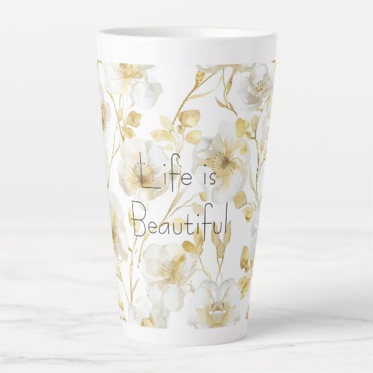Mooie Gouden Witte Bloemen Latte Mok (Voorkant)
