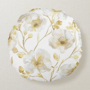Mooie Gouden Witte Bloemen  Rond Kussen