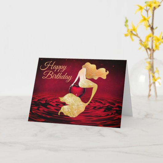 Mooie gouden zeemeermin met rode hart verjaardag kaart (Gele Bloem)