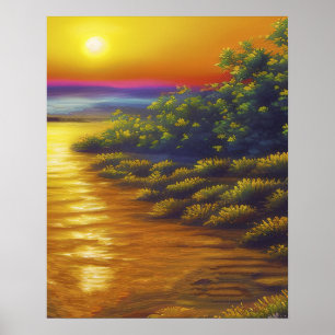Mooie gouden zonsondergang Ocean Beach Planten Poster