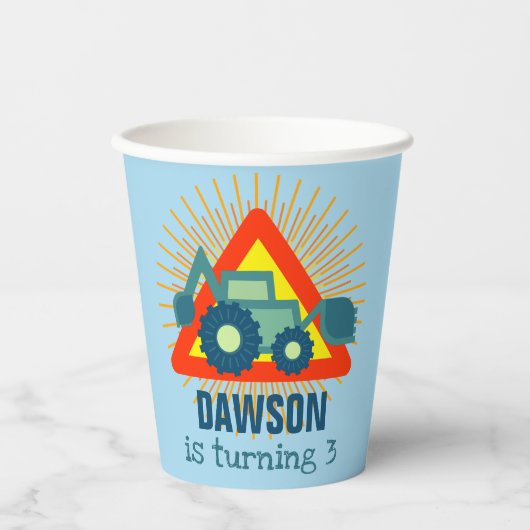 Mooie graafmachine blauwe jongens verjaardag 3 jaa papieren bekers (Voorkant)