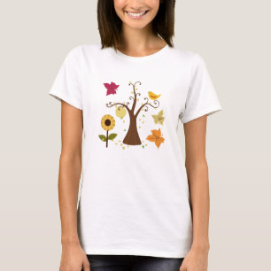 mooie grafische gele herfstbomen, bladeren, vogel, t-shirt