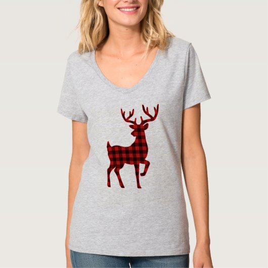 Mooie grappige Buffalo Plaid Patroon Kerst Herten T-shirt (Voorkant)